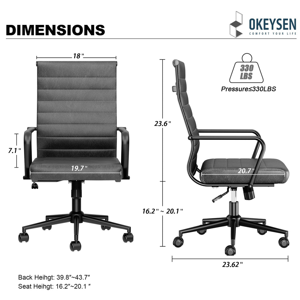Genuine Leather Office Chair, Mid-Century Modern Real Leather Conference Room Chairs, Ergonomic Executive Ribbed Height Adjustable Swivel Rolling Desk Chair for Home Office.