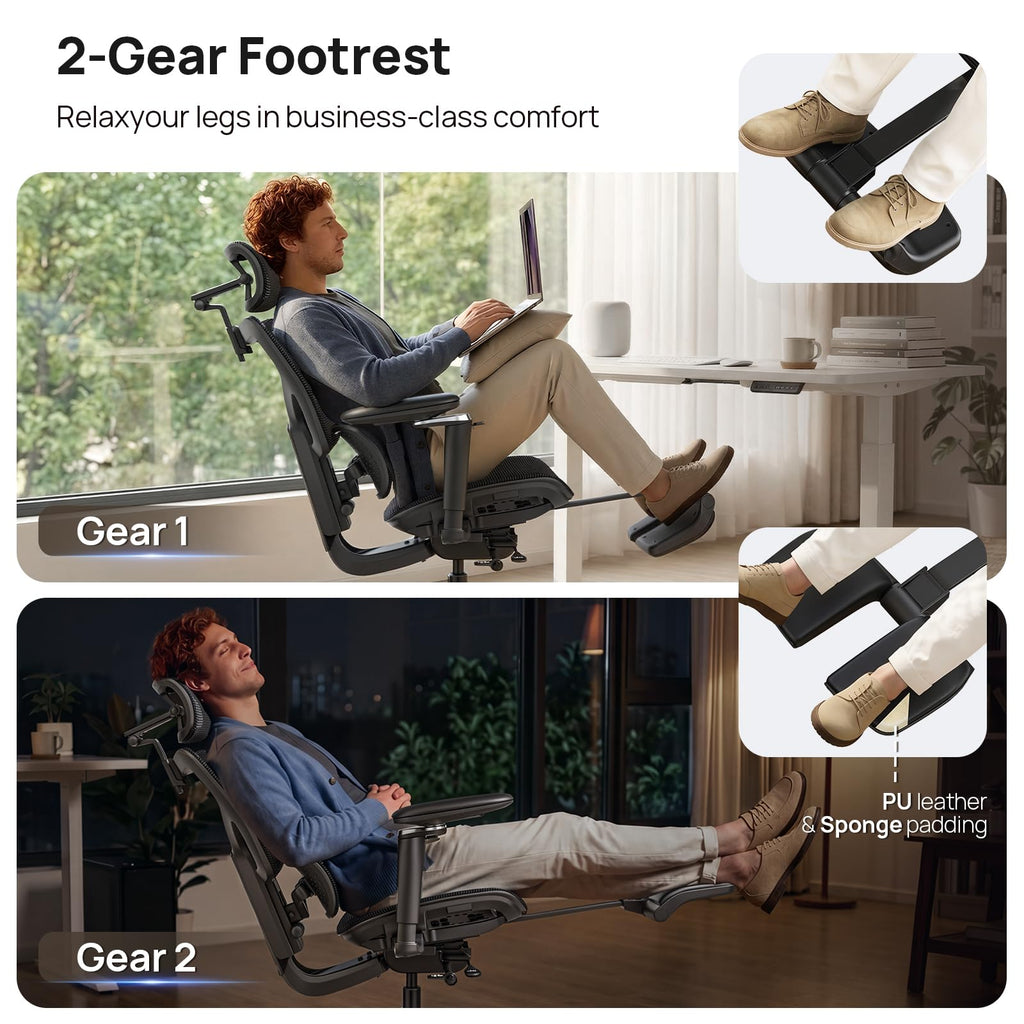 Ergonomic Mesh Office Chair with Footrest - 10 Hours Comfort Lumbar Support