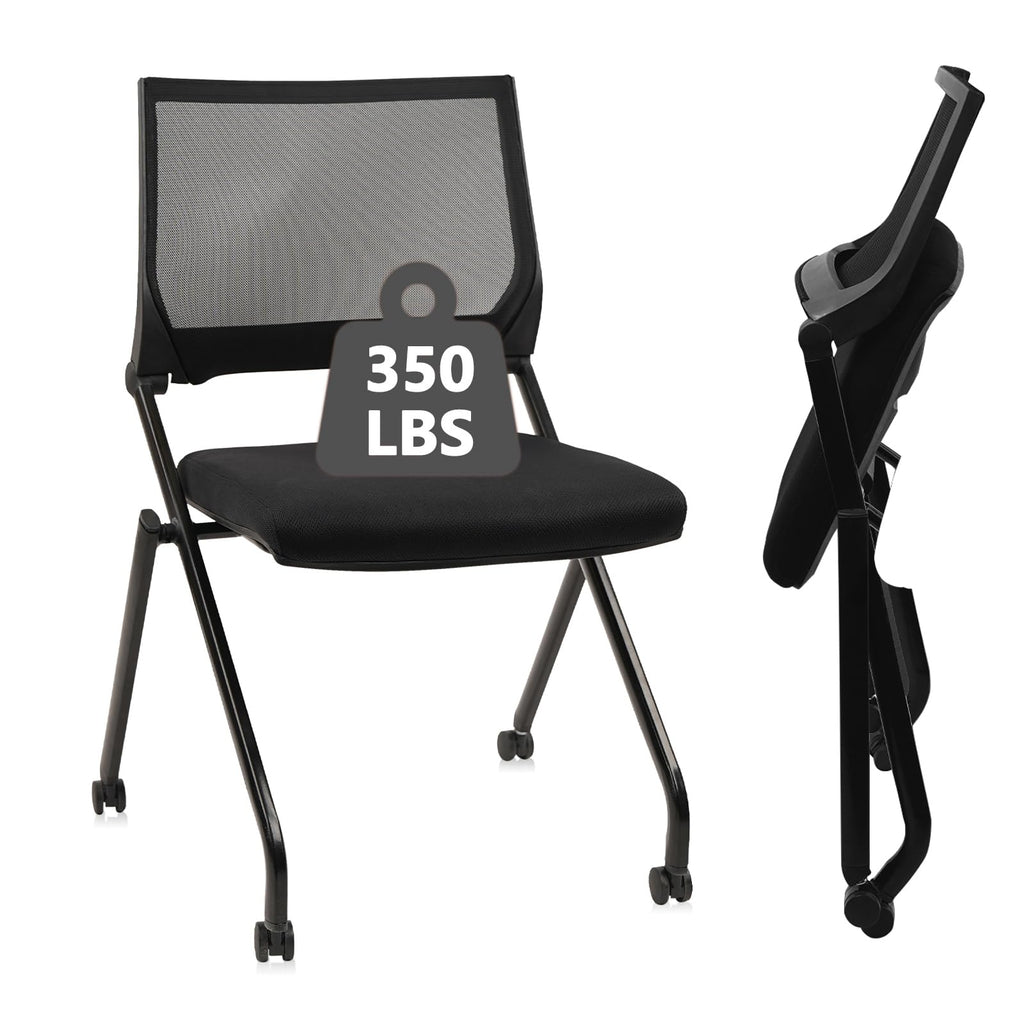 (2pk) Stackable & Foldable Chairs with Wheels, Reception Guest Chairs with Lumbar Support, Ergonomic Mesh Back Folding Chair for Office Schools Training Conference Waiting Room, Black