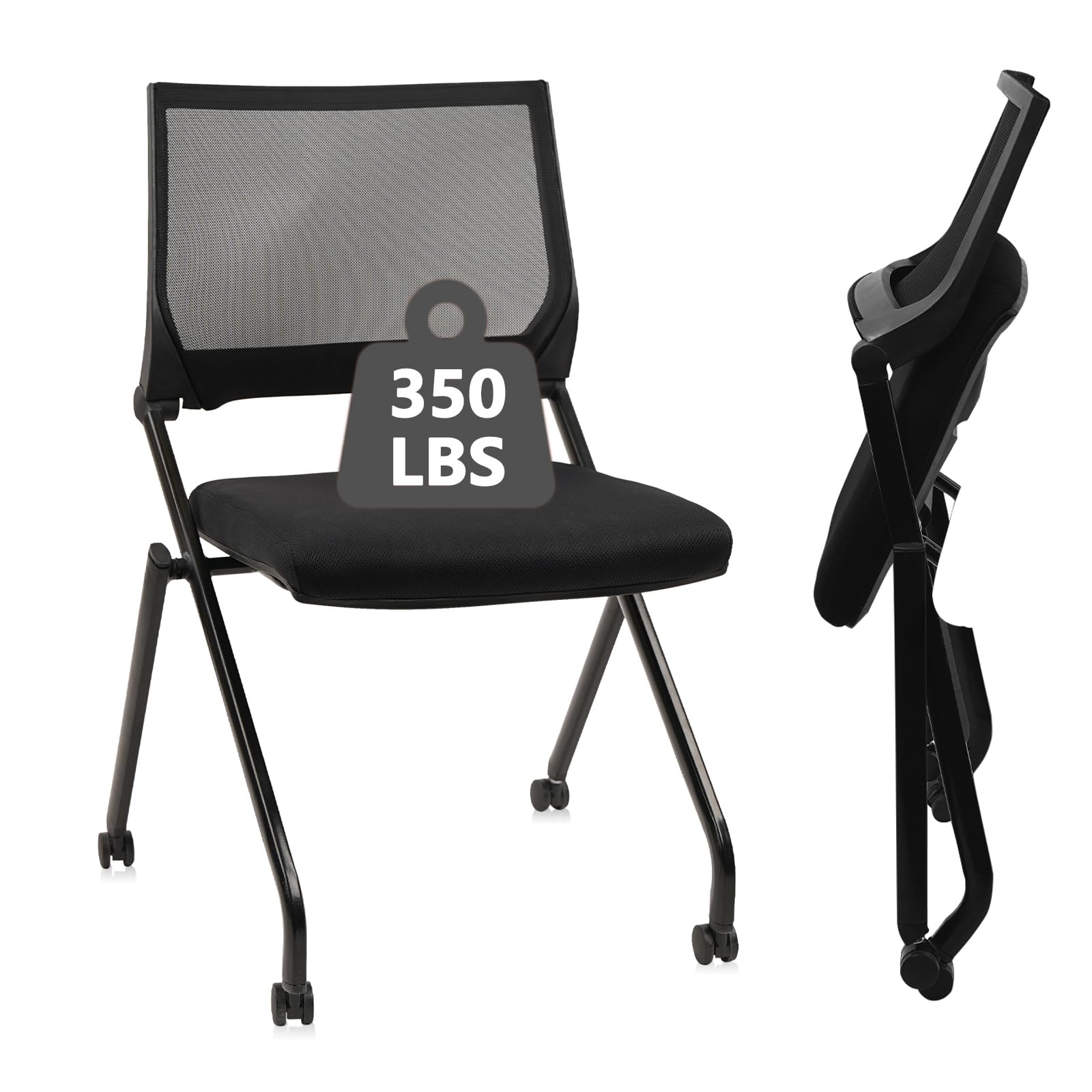(2pk) Stackable & Foldable Chairs with Wheels, Reception Guest Chairs with Lumbar Support, Ergonomic Mesh Back Folding Chair for Office Schools Training Conference Waiting Room, Black