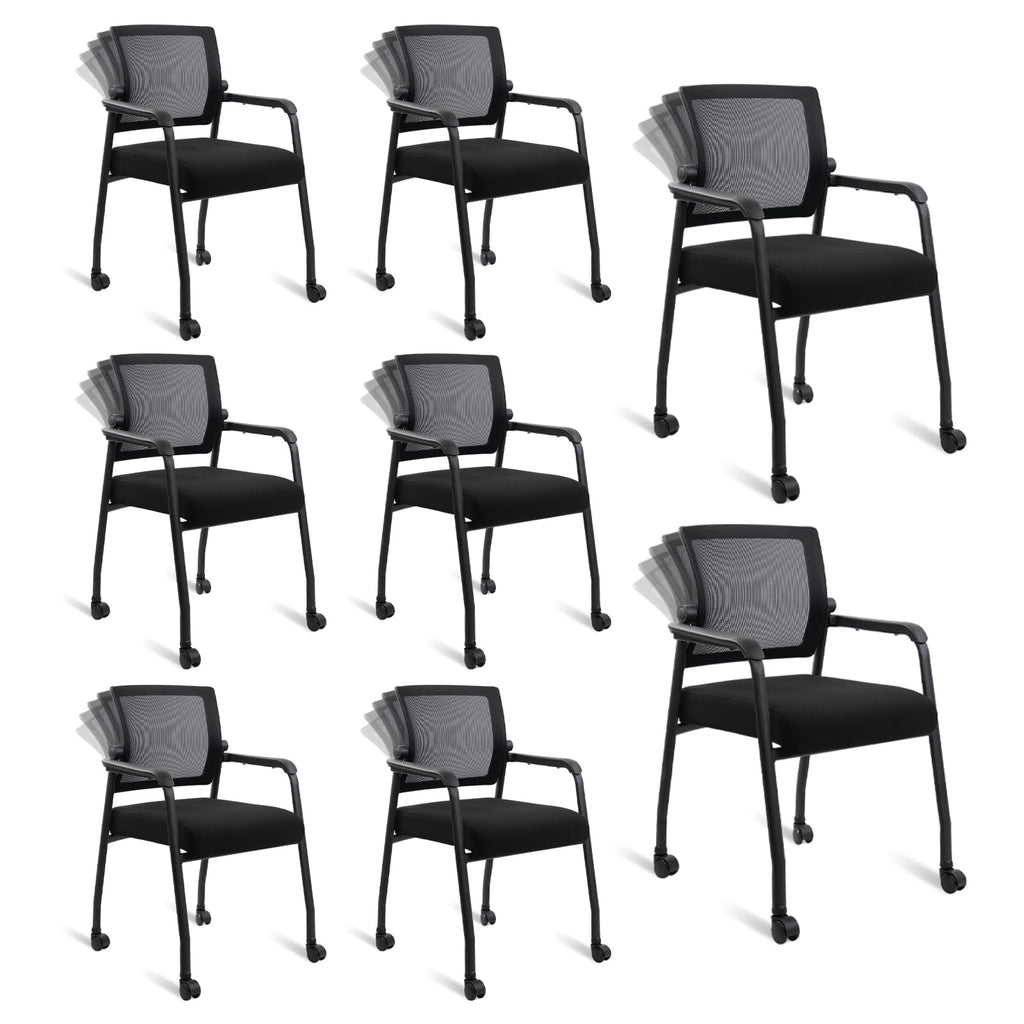 8 Pack Black, Waiting Room Chairs with Wheels, Adjustable Mesh Backrest, Desk Chair with Ergonomic Lumbar Support and Thickened Seats Cushion,