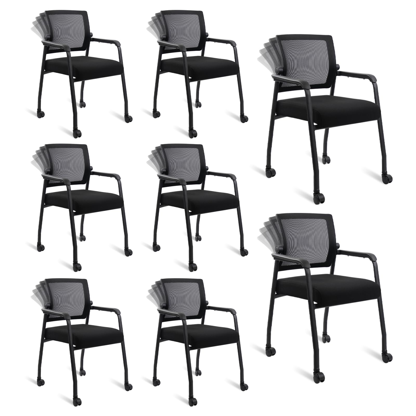 8 Pack Black, Waiting Room Chairs with Wheels, Adjustable Mesh Backrest, Desk Chair with Ergonomic Lumbar Support and Thickened Seats Cushion,