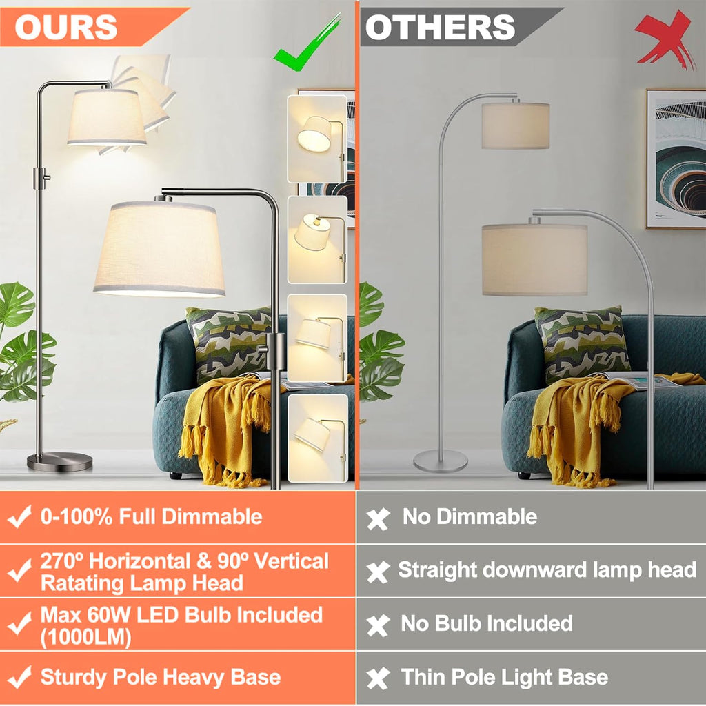 Floor Lamp, 1000 Lumens LED Edison Bulb Included, Brushed Nickel Arc Floor Lamps for Living Room Modern Standing Lamp Tall Lamps for Living Room Bedroom