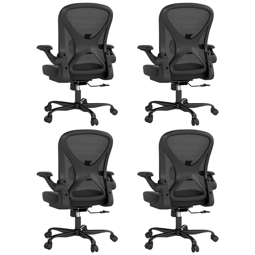Ergonomic Office Chair Set of 4, Mesh Fabric Home Office Chairs with Adjustable Lumbar Support, 360° Swivel, and Flip-Up Armrests, Black