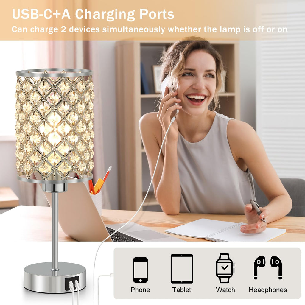 Crystal Table Lamp, Silver Touch Lamp with USB C+A Port, 3-Way Dimmable