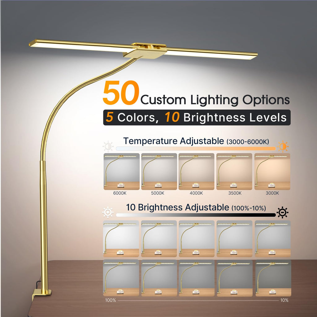 LED Desk Lamp for Office, Dual Head Eye-Care Architect Table Lamp, Gesture/Wired Control, Flexible Neck, Bright Desk Light with Memory/Timer, 50 Lighting Modes for Study, Drafting, Gold