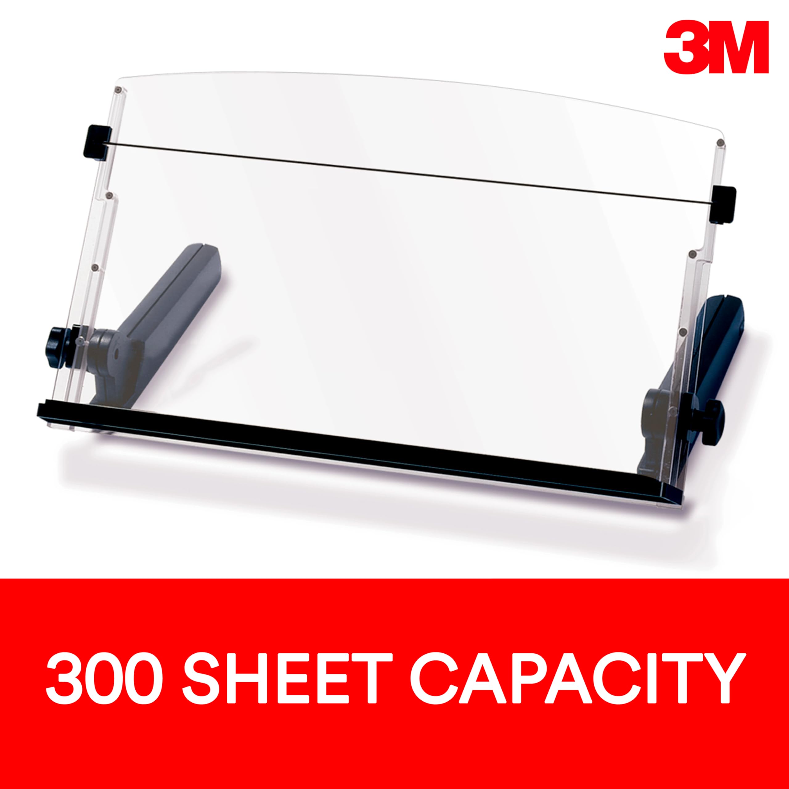Adjustable Document Copy Holder, In-line with Monitor Minimizing Head and Neck Movement, 300 Sheet Capacity Holds Sheets to Books, Elastic Line Guide Keeps Pages Open, 18" Wide, Black