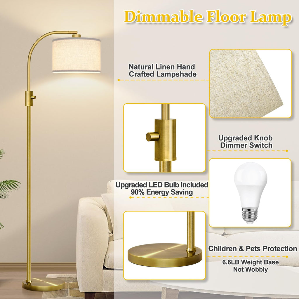 Upgraded Modern Arc Dimmable Tall Standing Floor Lamp with Linen Shade, 1200 Lumens LED Bulb Included, for Living & Reading Room, Bedroom, Office & Nursery, Brass