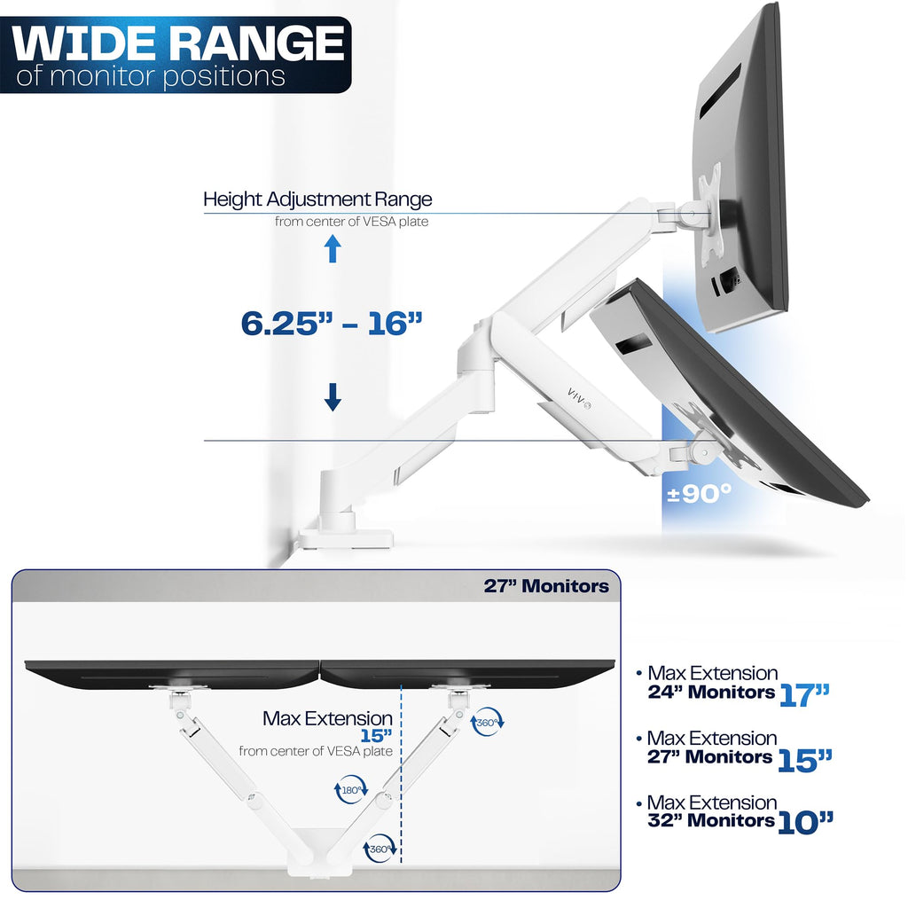 Dual Monitor Stand, Fully Adjustable Arms for 17 to 32 inch Screens, Mechanical Articulating Desk Mount, Gaming and Office Setups, VESA 75x75, 100x100, Max 19.8 lbs, Classic, White, STAND-V002OW