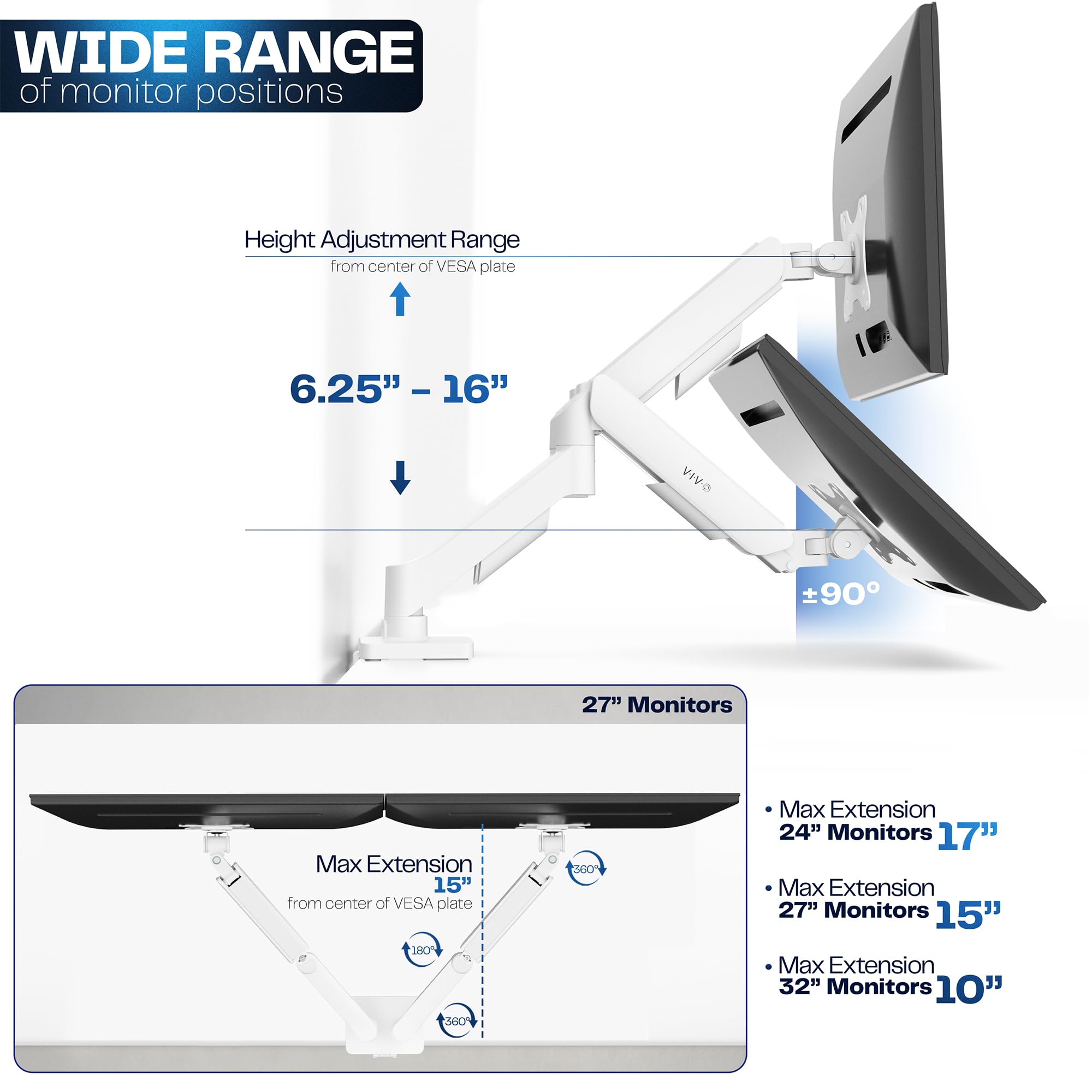 Dual Monitor Stand, Fully Adjustable Arms for 17 to 32 inch Screens, Mechanical Articulating Desk Mount, Gaming and Office Setups, VESA 75x75, 100x100, Max 19.8 lbs, Classic, White, STAND-V002OW