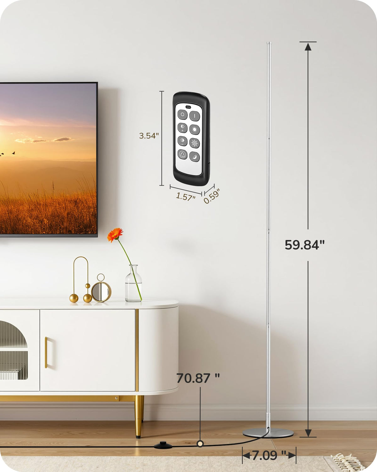 59.8" Corner Lamp with Remote & 3 Height Settings, Dimmable & 3CCT
