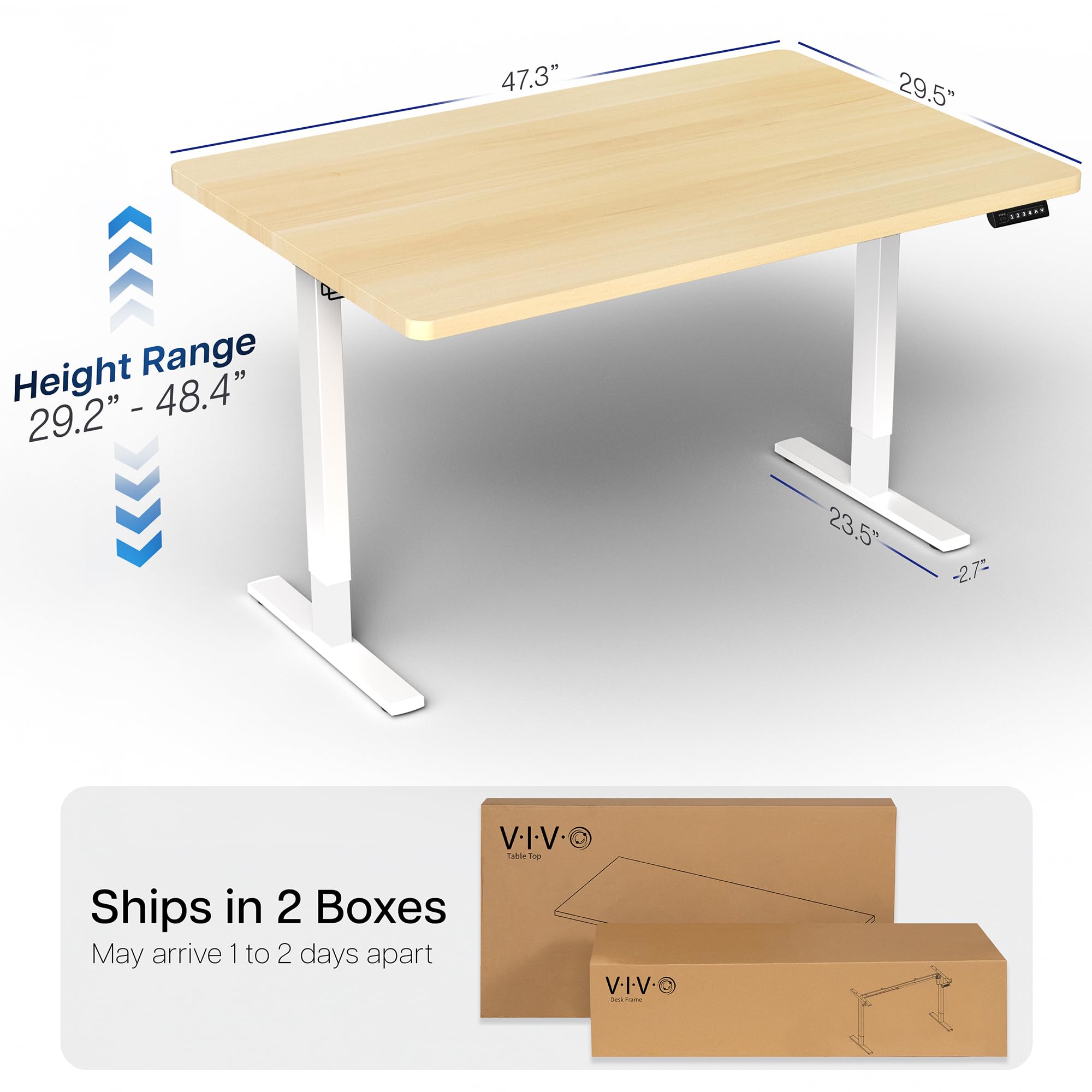 Electric 48 x 30 in Standing Desk, Memory Height Adjustment, 1B Series, Holds 220 lbs, One-Piece Light Wood Top, White Frame