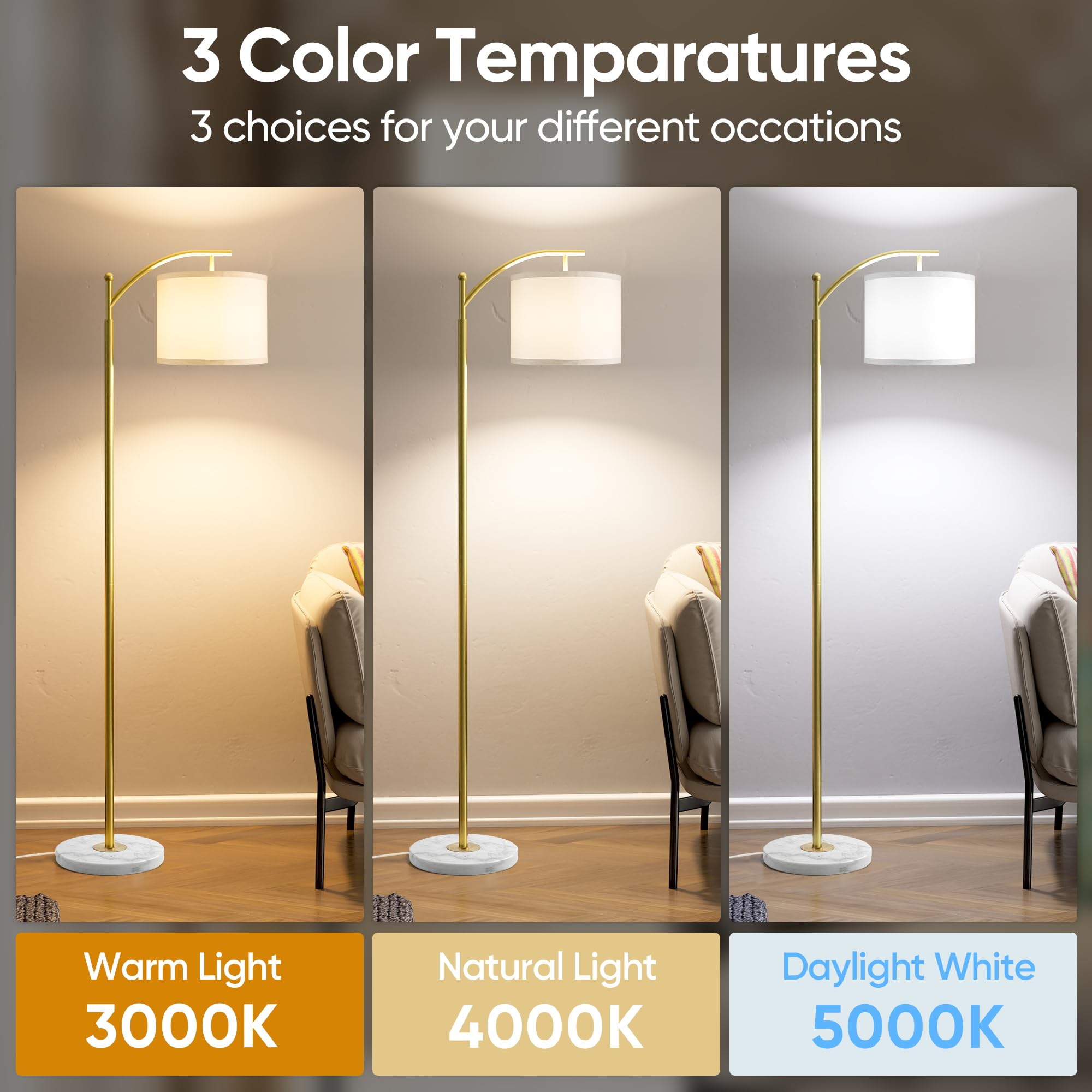 Gold Floor Lamp for Living Room with Marble Base, Modern Standing Lamp with 3 Color Temperatures Bulb & Adjustable Linen Shade, Tall Lamp for Bedroom Office Reading Nursery