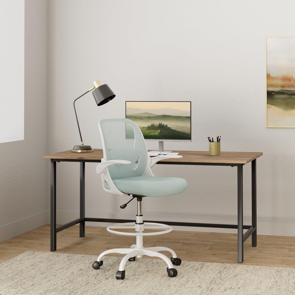 Drafting Chair Tall Office Chair with Flip-up Armrests Executive Ergonomic Computer Standing Desk Chair with Lumbar Support and Adjustable Footrest Ring（Light Blue）