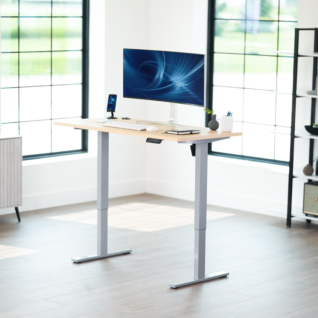 Electric 55 x 28 in Standing Desk, Memory Height Adjustment, 1B Series, Holds 220 lbs, One-Piece Light Wood Top, Gray Frame