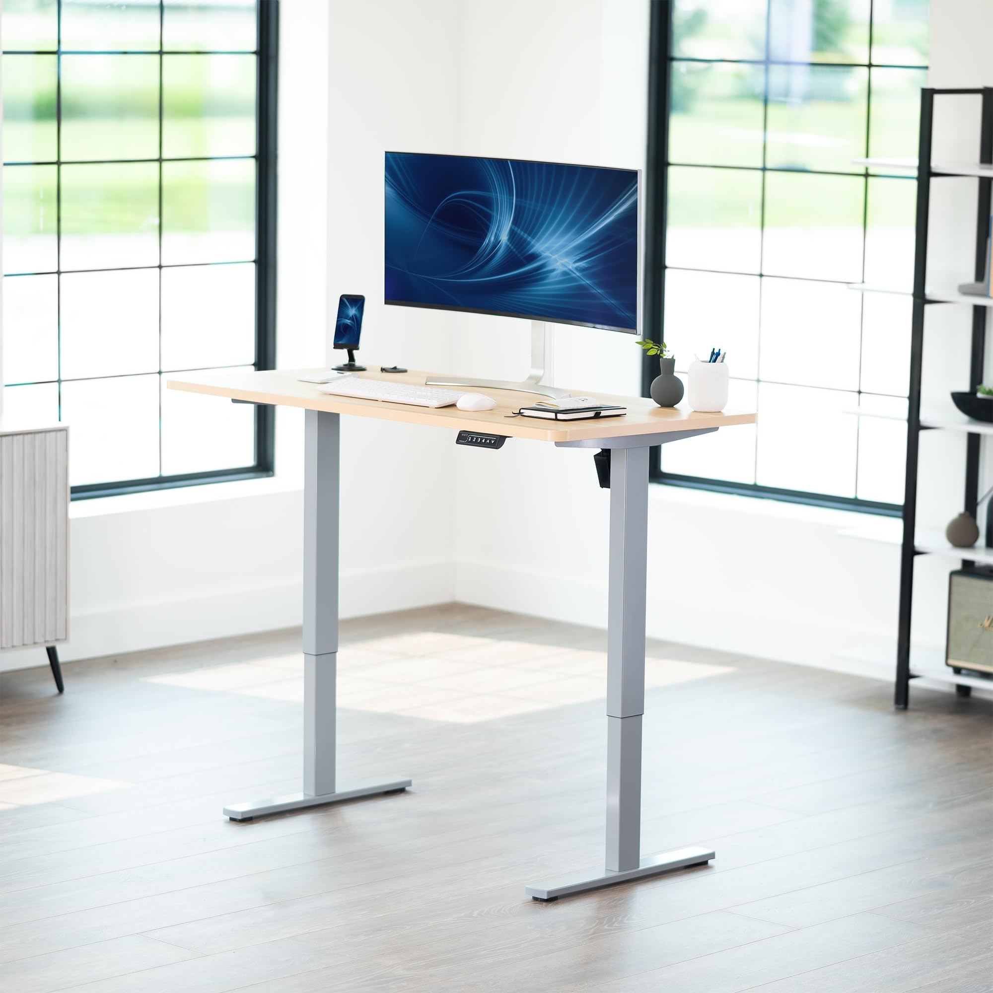 Electric 55 x 28 in Standing Desk, Memory Height Adjustment, 1B Series, Holds 220 lbs, One-Piece Light Wood Top, Gray Frame