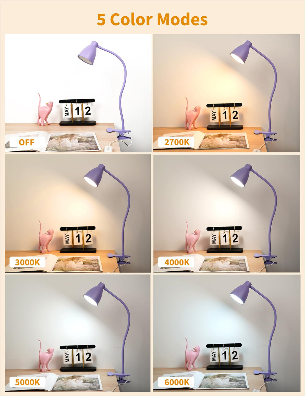 Desk Lamp with Clamp Clip on Light 5 Color 10 Brightness Lilac Purple