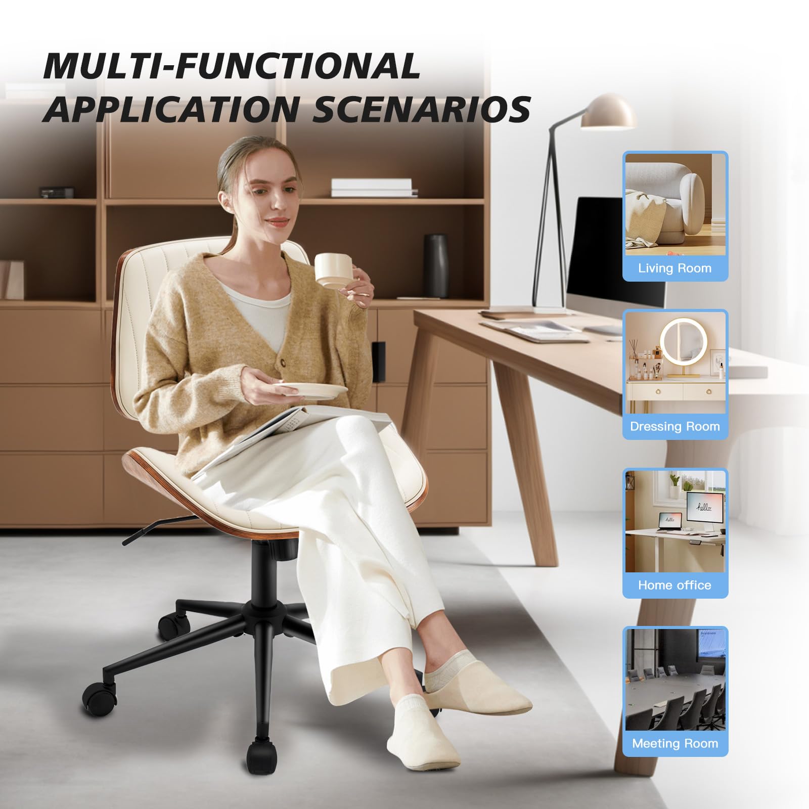 Armless Desk Chair with 360°Swivel Wheels, Ergonomic Adjustable Height Computer Chair for Home Office,PU Leather with Modern Walnut Drafting Chairs for Office, Reading Nook(Beige)
