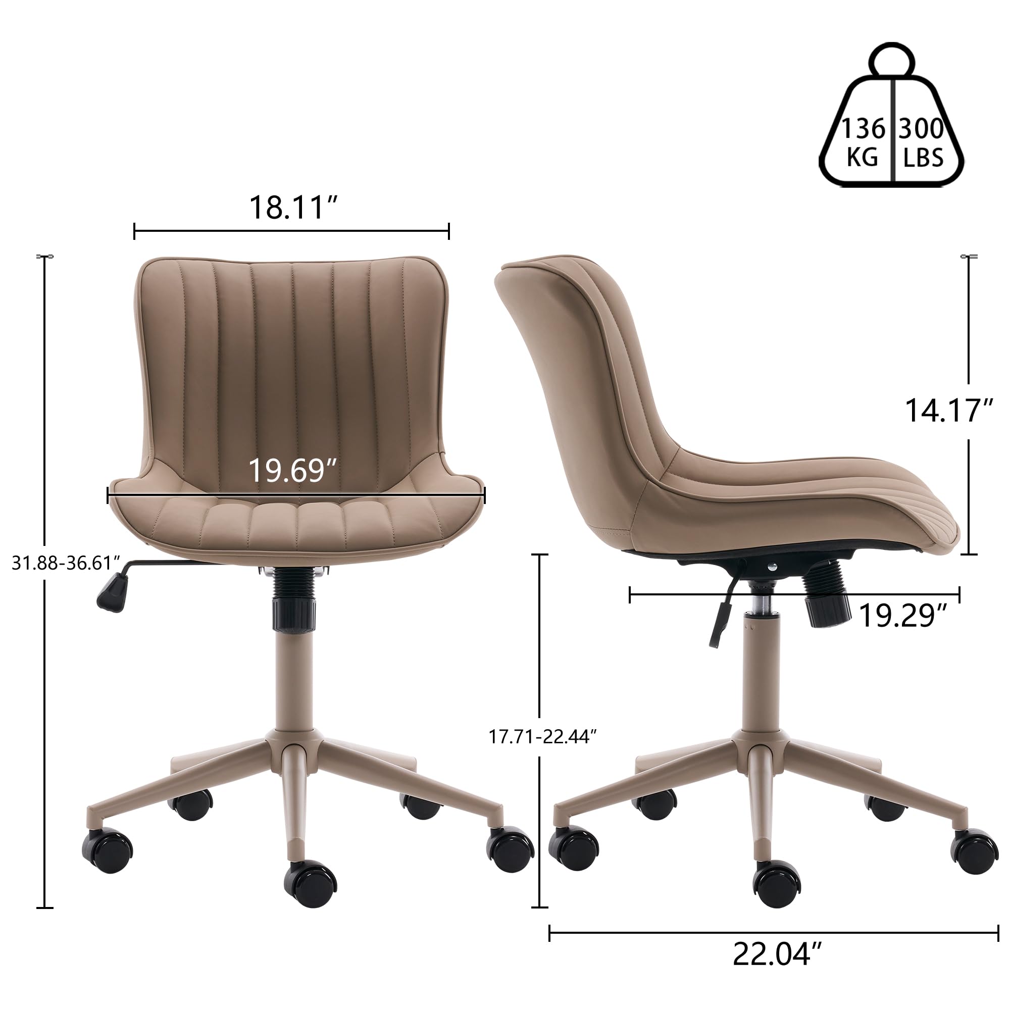 Home Office Desk Chair with Wheels Armless Vanity Chair with Back Comfy Modern Leather Upholstered Rolling Task Chair Swivel Small Cute Sewing Chair No Arms Wide Adjustable Ergonomic All Khaki