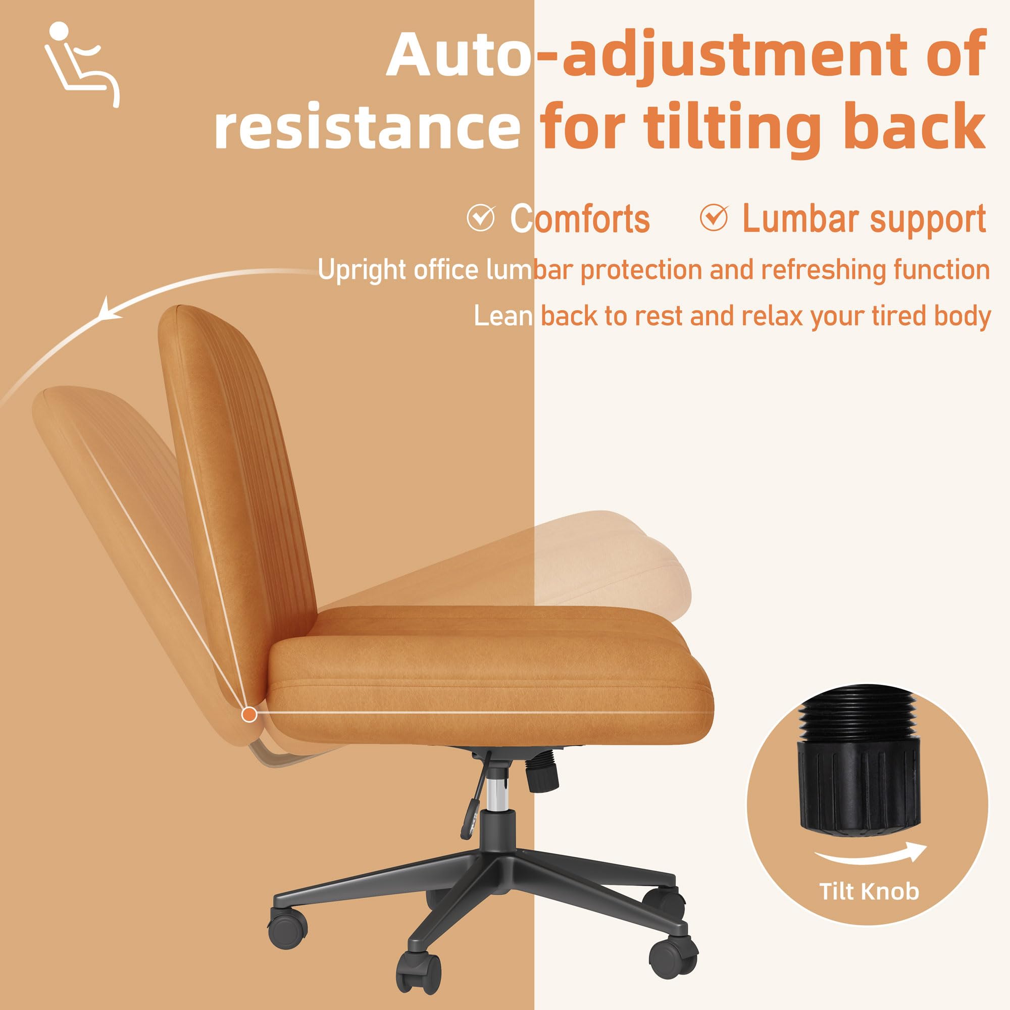 Criss Cross Chair,Cross Legged Office Seat with Wheels Armless Swivel Vanity Chair,Height Adjustable Wide Computer Task Seating for Home Office,PU Leather,Orange