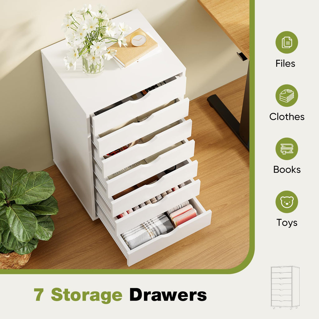 7 Drawer Rolling Storage Cabinet, Wood Under Desk Mobile Dresser with Wheels, Small Organizer Chest for Home Office, Bedroom, Living Room, Compact Vertical Storage Furniture Unit, White