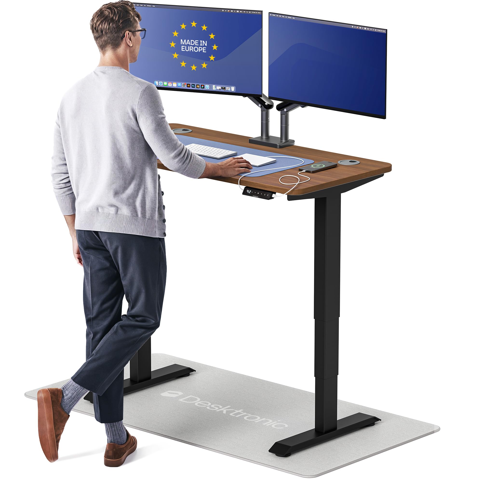 Standing Desk 48x24 — Made in Europe, Ergonomic Sit Stand Home Office Desk, Electric Height Adjustable, Dual Motor, USB & USB-C Charging, Wobble-Free, Touchscreen, 3 Memory Presets