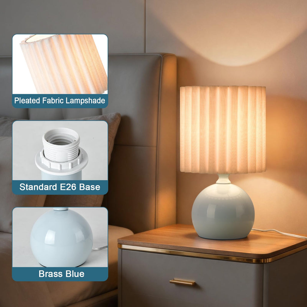 Blue Small Table Lamp with Scalloped Linen Shade, Mini Blue Table Lamp for Bedroom Nightstand, Cute Desk Night Light for Living Room, Bookshelf, Kitchen Counter, Kids Room, Office