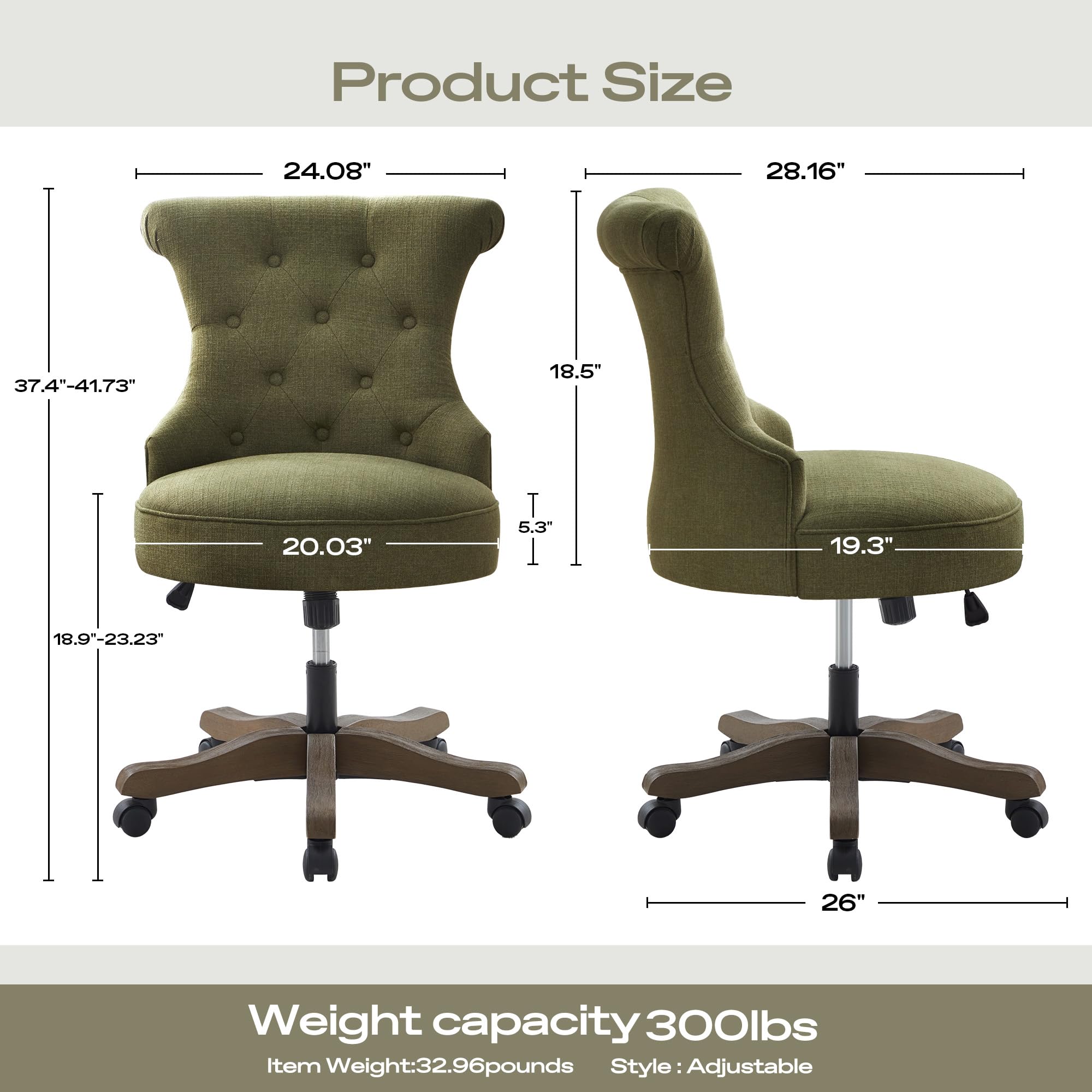 Home Office Chair Upholstered Armless Desk Chair with Wheels Adjustable Height Computer Desk Chair with Wooden Legs Comfortable Swivel Chair for Home Office Study Studio (Green)