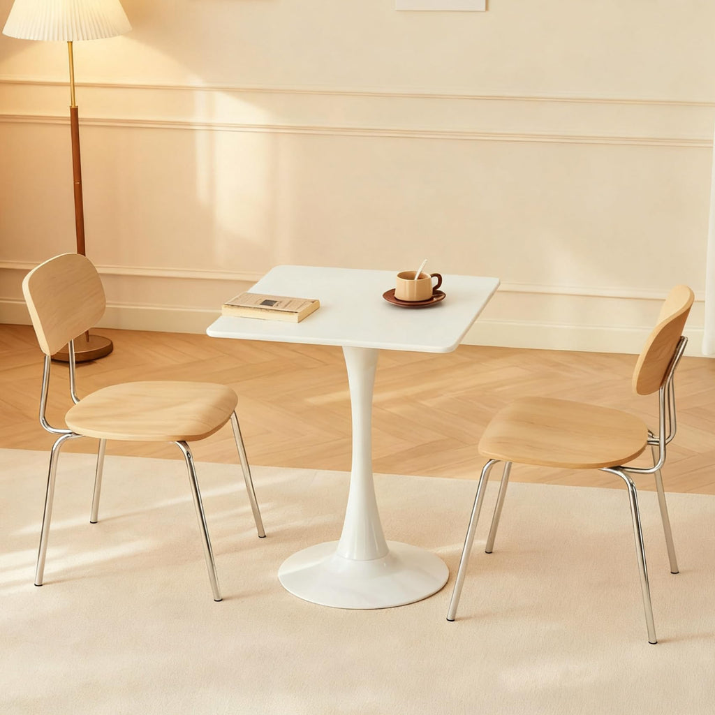 Hansweld Square Dining Table, 24" Tulip Table with Thickened Tabletop & Metal Pedestal, Mid Century Modern Bistro Table for Kitchen, Small Places, Living Room, Cafe (White)