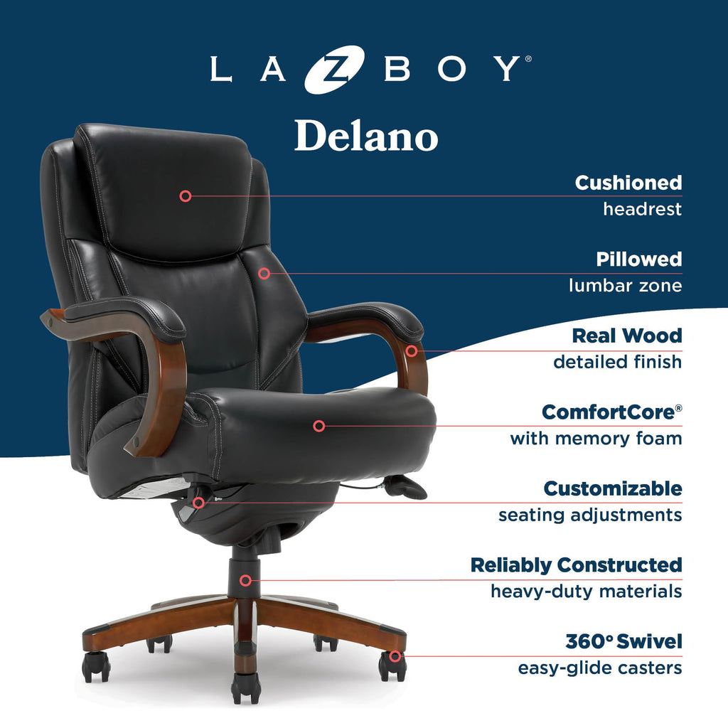 Delano Big and Tall Executive Office Chair - Ergonomic Lumbar Support Memory Foam - Bonded Leather Desk Chair for Home Office - Mahogany Wood Arms - Black