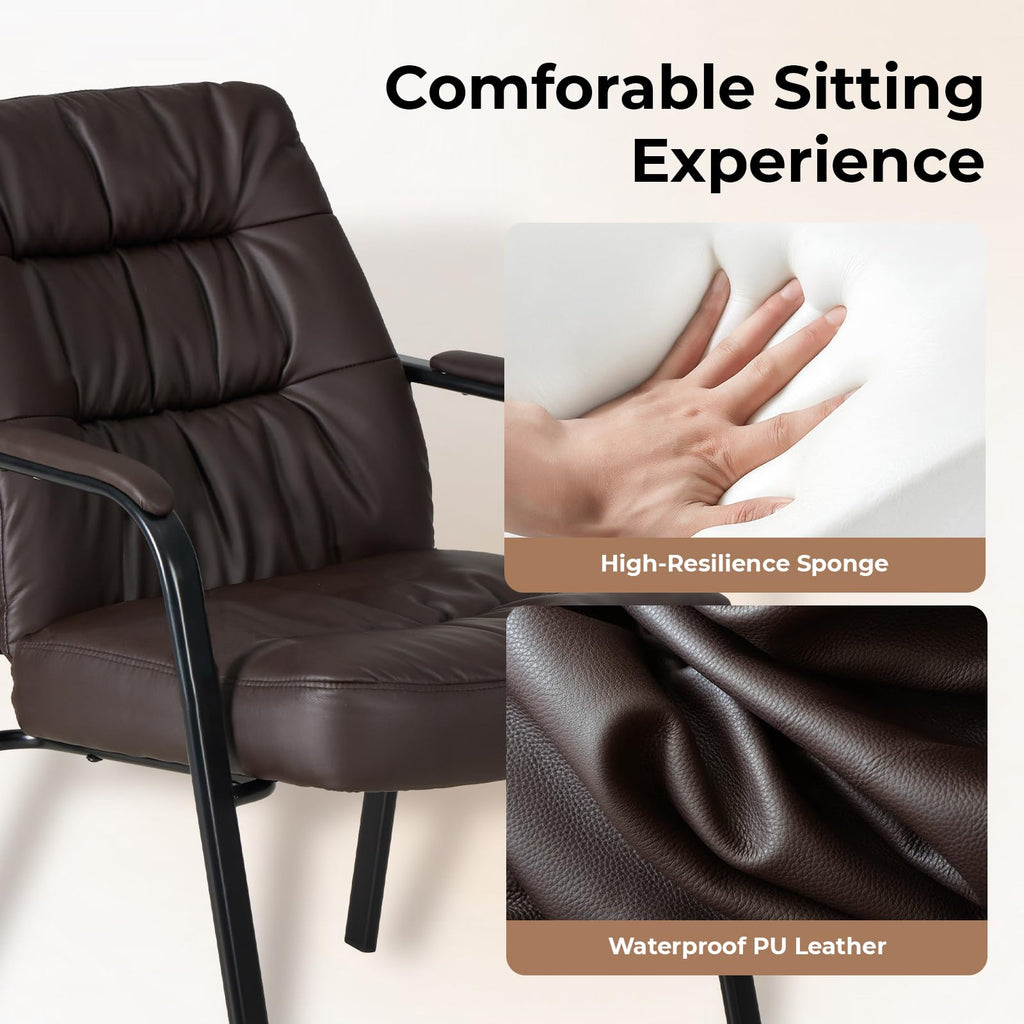 Waiting Room Guest Chair Set of 6, 500lbs PU Leather Ergonomic Office Desk Reception Chair No Wheels with Padded Armrest for Conference Lobby Medical Waiting Area Bedroom, Brown