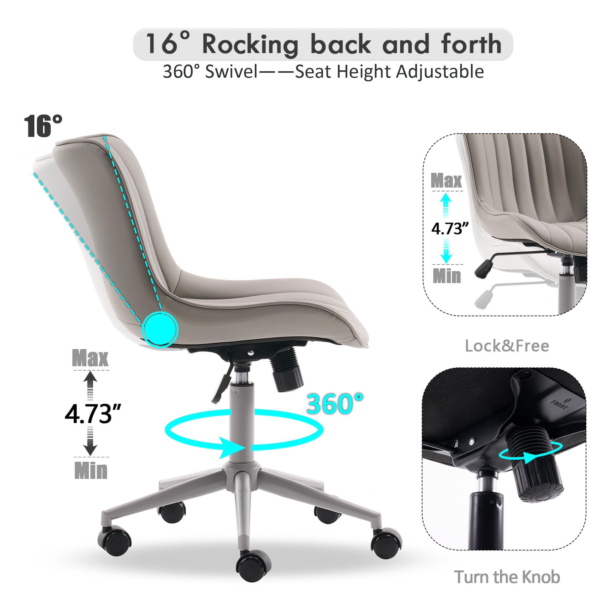 Home Office Desk Chair with Wheels Armless Vanity Chair with Back Comfy Modern Leather Upholstered Rolling Task Chair Swivel Small Cute Sewing Chair No Arms Wide Adjustable Ergonomic Grey