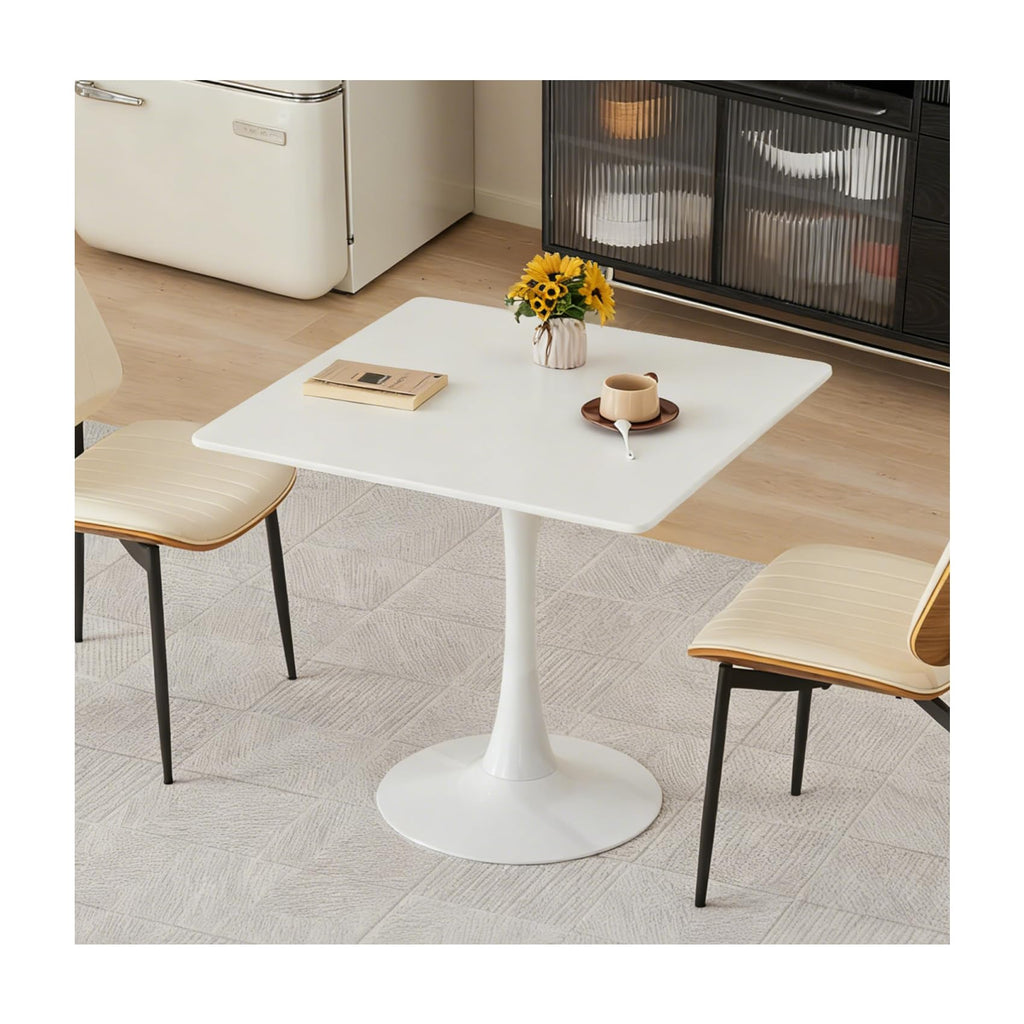 Hansweld Square Dining Table, 31.5" Tulip Table with Thickened Tabletop & Metal Pedestal, Mid Century Modern Bistro Table for Kitchen, Small Places, Living Room, Cafe (White)
