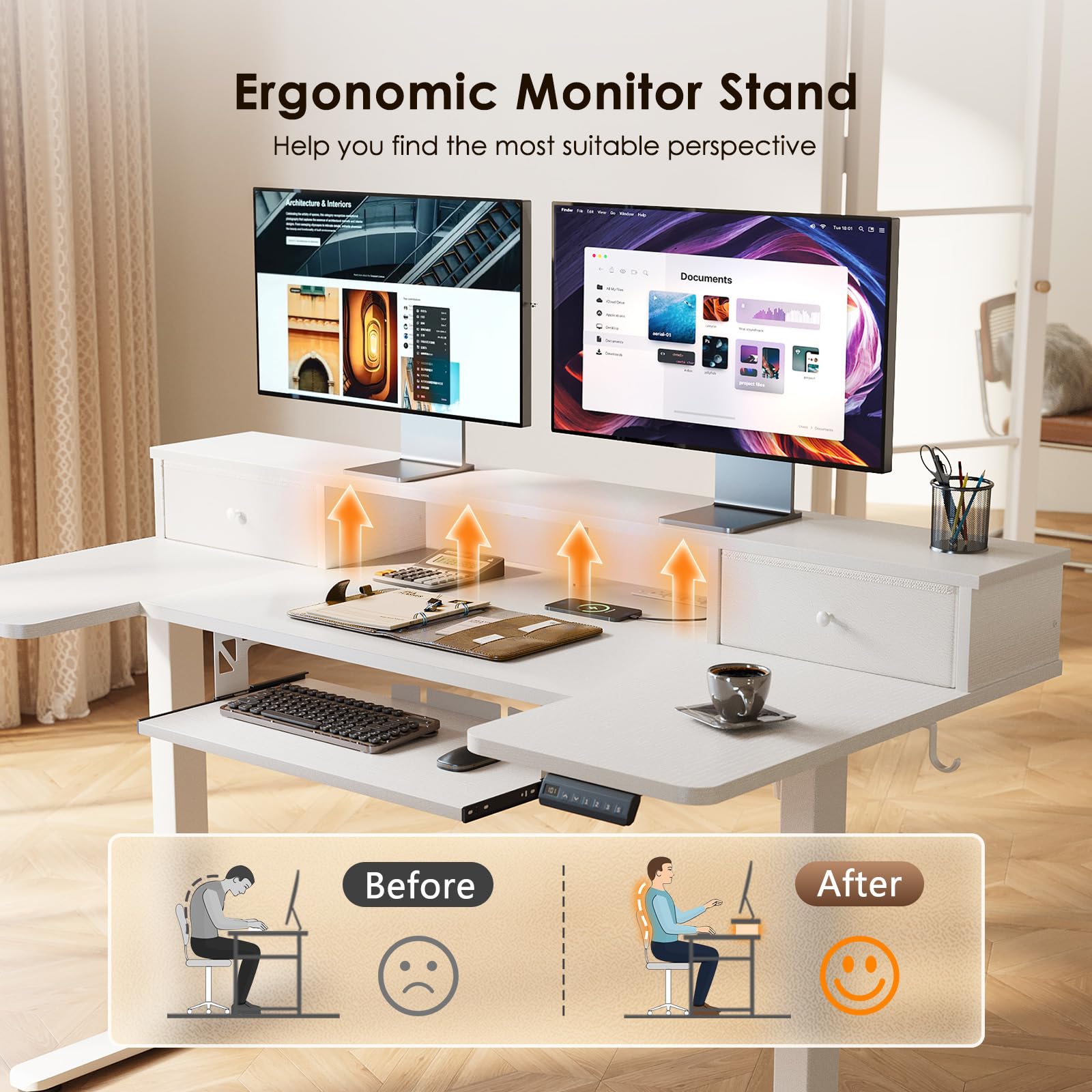 U Shaped Electric Standing Desk with Drawers, 55 Inch Height Adjustable Desk with Keyboard Tray ＆ Ergonomic Monitor Stand, Sit Stand Table with Power Outlets for Home, Office, White