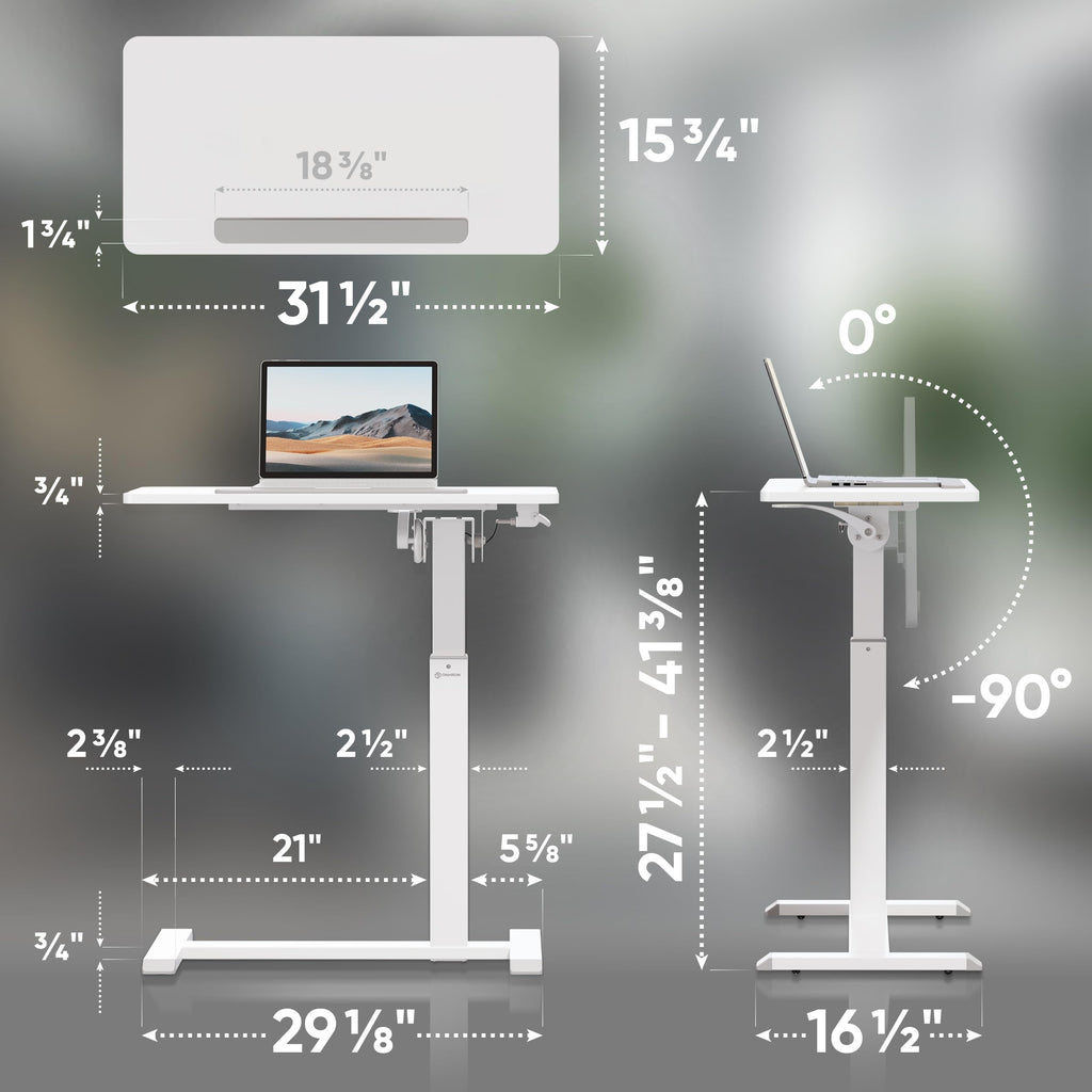 Laptop Cart on Wheels, max Load 17.6 lbs, Small Rolling Table with Hidden Wheels, Mobile Standing Desk Adjustable Height, 90° Tilting Portable Workstation, Overbed Bedside Desk White