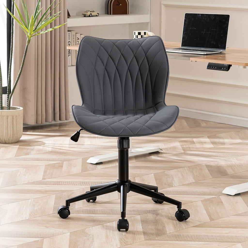Armless Desk Chair Comfy Office Chair with Wheels HomeTask Chair Adjustable Computer Chairs Modern PU Leather Swivel Chairs Upholstered Makeup Vanity Chair(Grayish Purple)