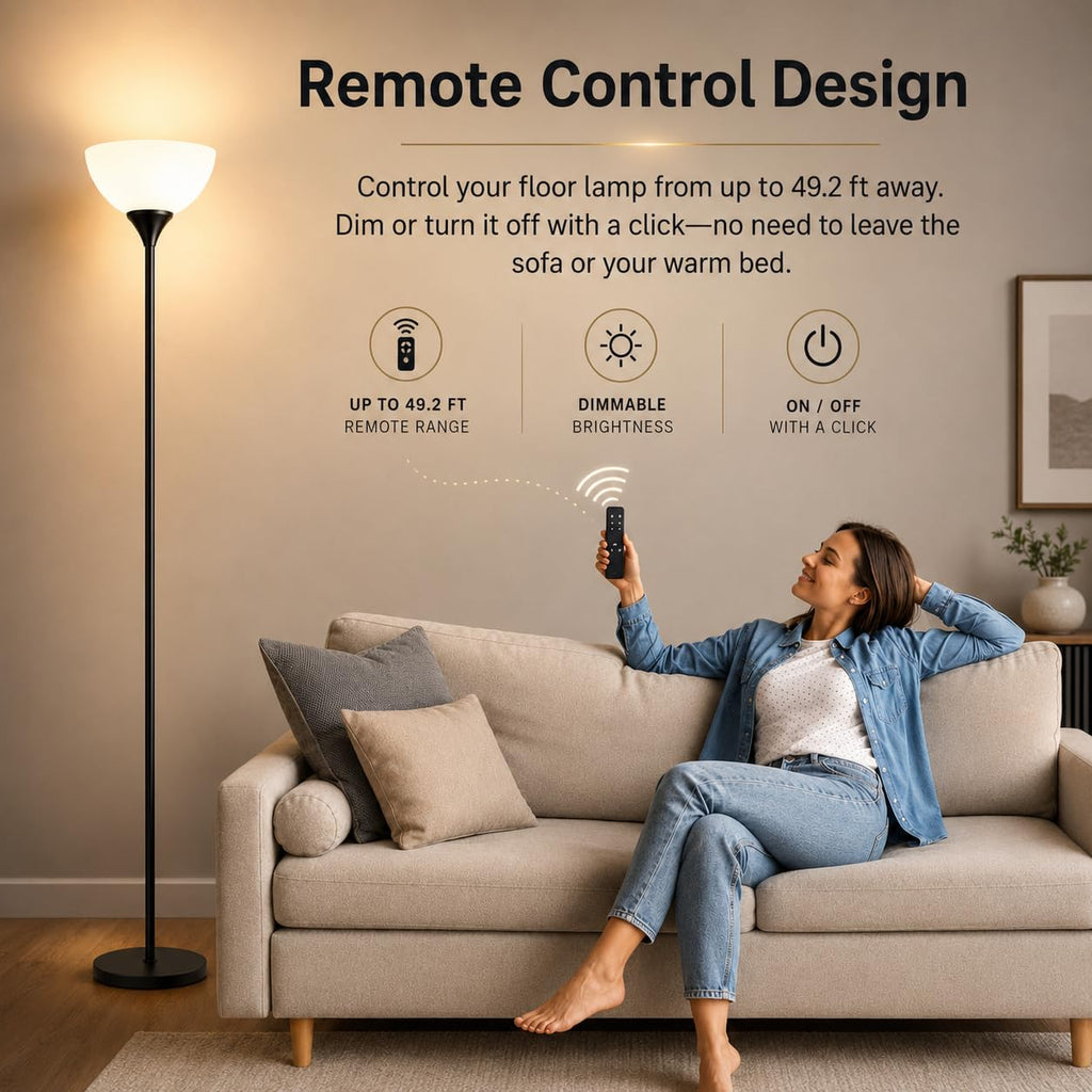 Floor Lamp, Remote Control with Stpeless Color Temperatures and Brightness, Torchiere lamp for Bedroom, Living Room, Bulb Included (Matte Black)