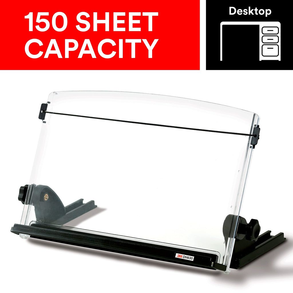 Adjustable Document Copy Holder, Inline with Monitor Minimizing Head and Neck Movement, 150 Capacity Holds Sheets to Books, Elastic Guide Keeps Pages Open, 14" Wide, Black (DH630) - Black/Clear