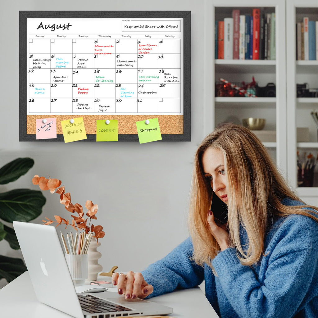 Dry Erase Calendar for Wall, 18x24 Inches Calendar Whiteboard for Wall, Magnetic Monthly White Board Corkboard with Wood Framed, Hanging Dry Erase Board for Kitchen Home Office School Planner