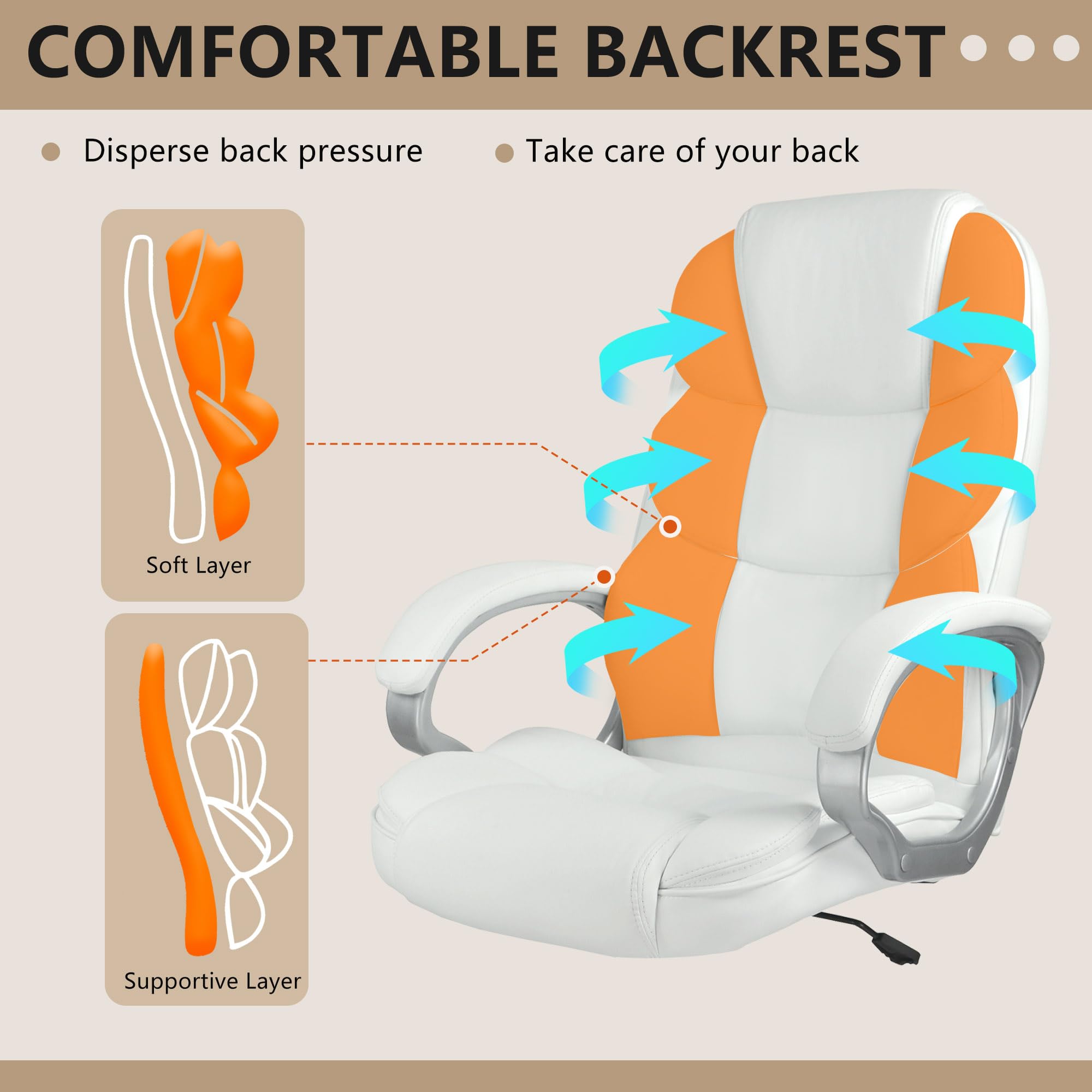 Office Chair Computer High Back Adjustable Ergonomic Desk Chair Executive PU Leather Swivel Task Chair with Armrests Lumbar Support (Beige)