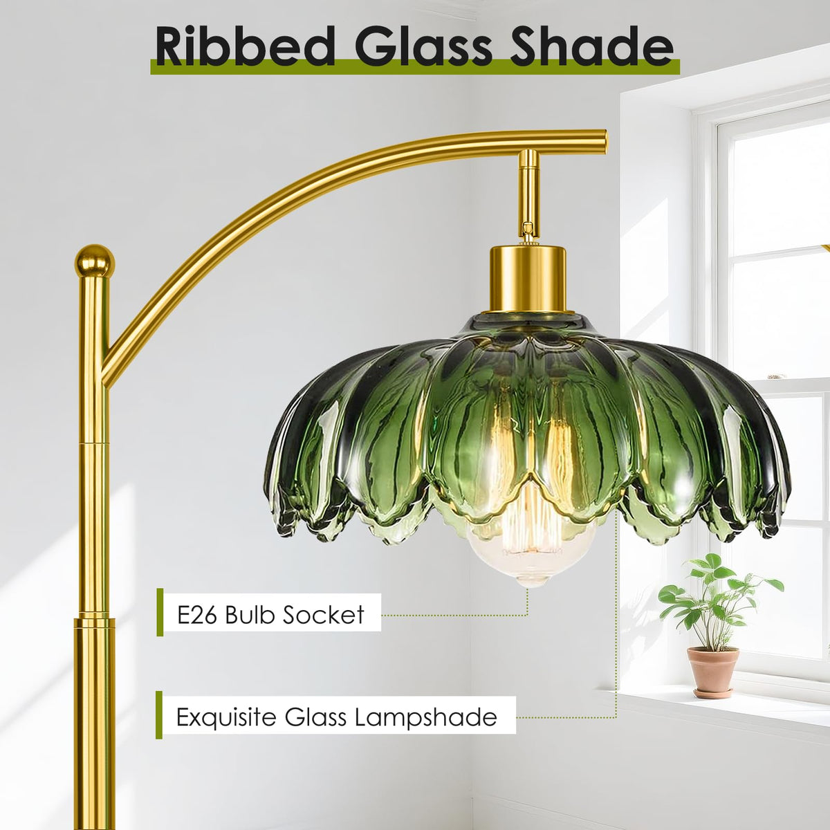 Gold Floor Lamp for Living Room,Unique Vintage Standing Tall Lamp,Mid Century Modern Floor Lamps Arc Green Glass Floor Lamps for Office Corner