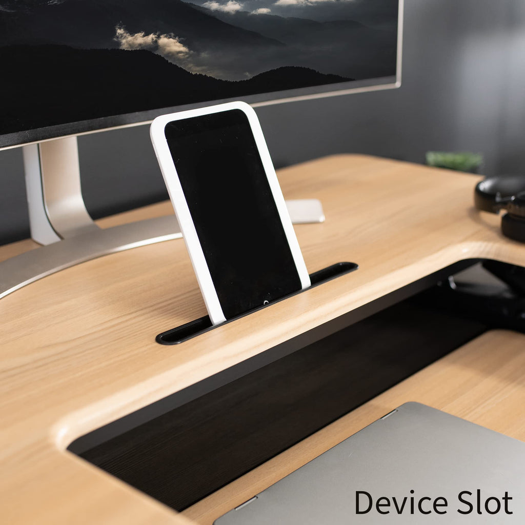 42 inch Height Adjustable Stand Up Desk Converter, V Series, Quick Sit to Stand Tabletop Dual Monitor Riser Workstation, Light Wood Top, Black Frame, DESK-V000VLO
