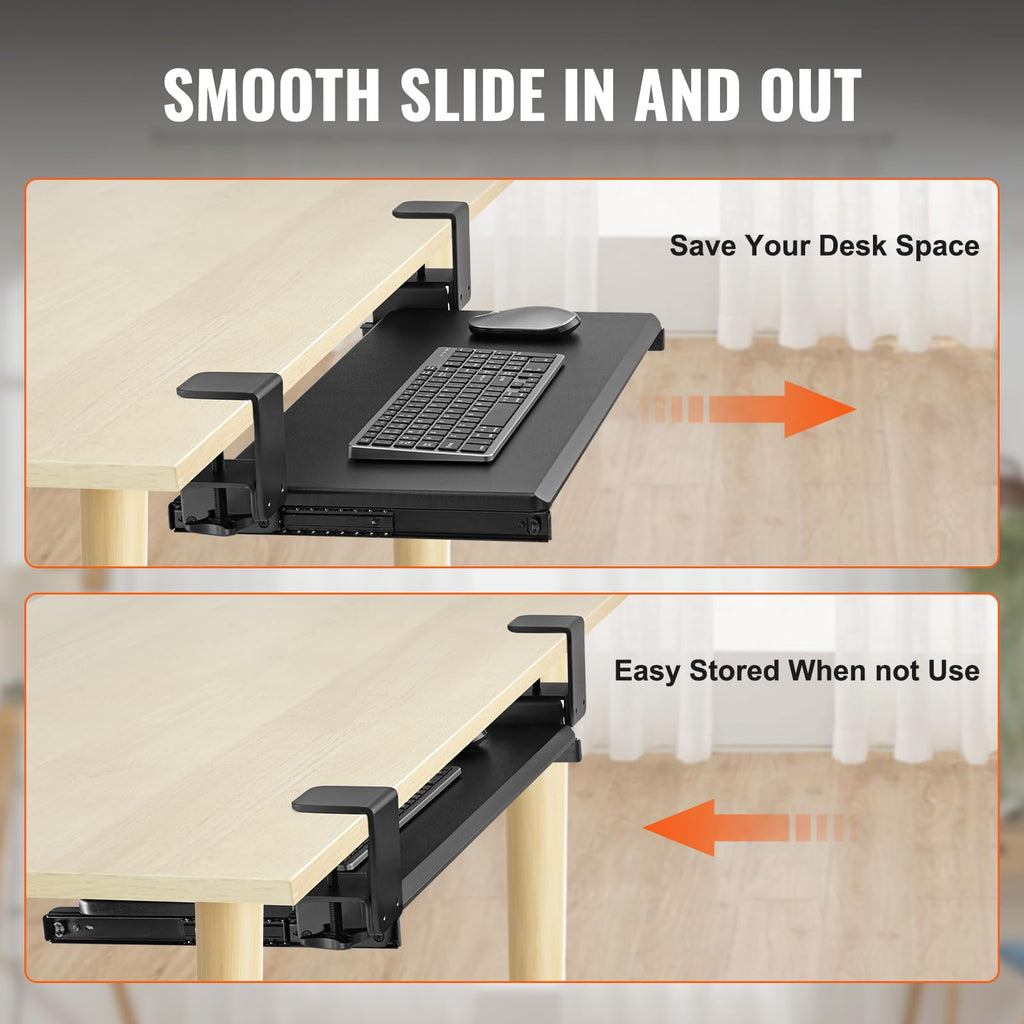 Clamp on Keyboard Tray Under Desk, Desk Keyboard Tray Slide Out with Sturdy No-Drill C Clamp Mount, Large 26.8 x 11 inch Slide-Out Computer Drawer for Typing in Home, Office Work
