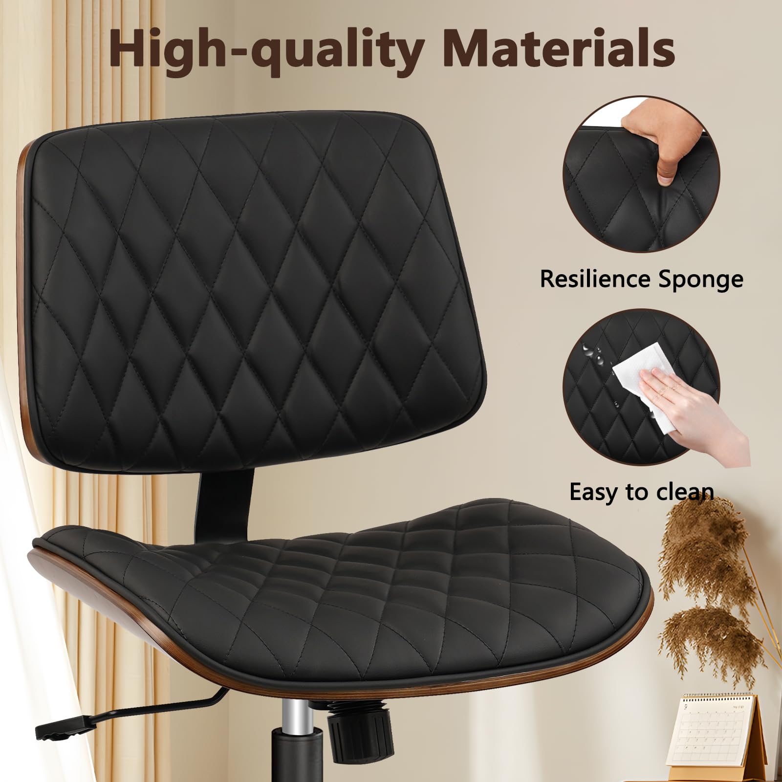 Home Office Desk Chair with Wheels, Adjustable Height Armless Office Chair, PU Leather Mid Back 360 Swivel Computer Chair, Modern Walnut Chair for Home, Meeting, Reading Room,Black(1 pk)