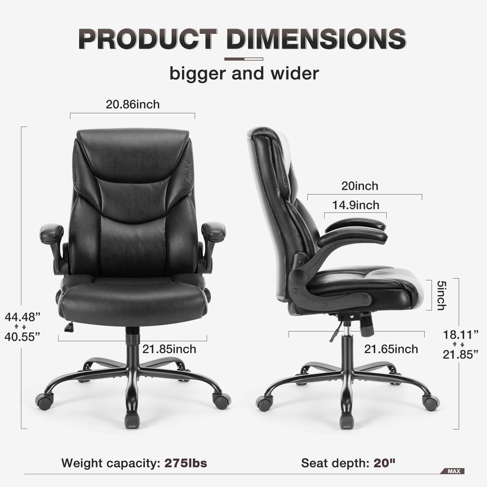 Ergonomic Office Chair, Heavy Duty 275lbs High Back Desk Chair, Flip-up Armrest PU Leather Swivel Rolling Chair with Wheels,Black