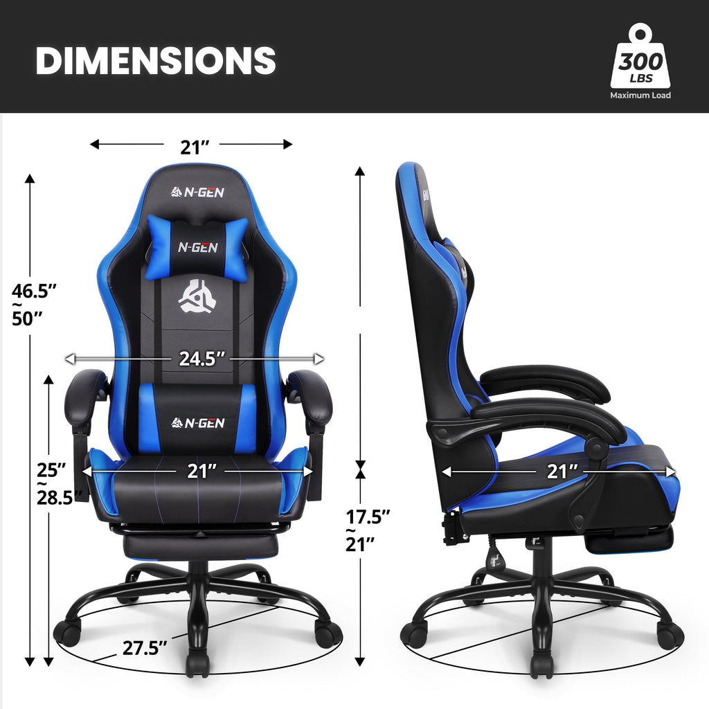 Gaming Chair with Footrest Lumbar Support for Home Office High Back Recliner Height Adjustable Ergonomic Comfy Leather Computer Desk Chair (Blue)
