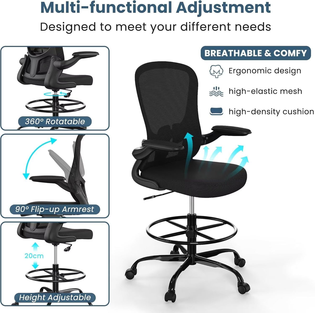 Drafting Chair Tall Standing Desk Executive Ergonomic Computer Office Chair with Flip-Up Armrests, Adjustable Footrest Ring, Lumbar Support, Height Adjustable Swivel Chair for Home Office (Black)