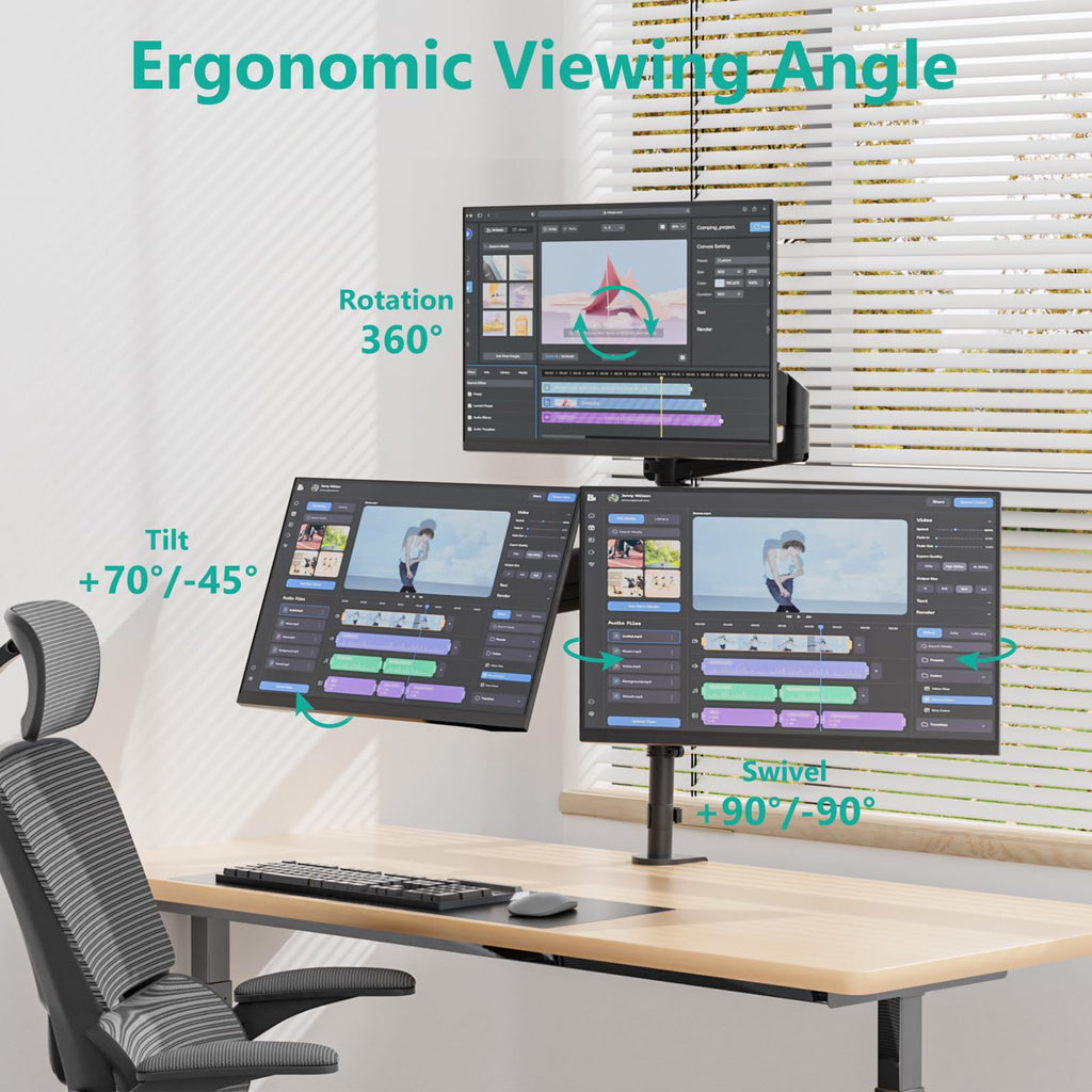 Triple Monitor Mount for 13-34 inch Screens, Full Adjustable 3 Monitors Desk Mount with Clamp & Grommet Base, Triple Monitors Arm, up to 19.8lbs Each, VESA 75x75 100x100 mm (GSDM003XL), Black