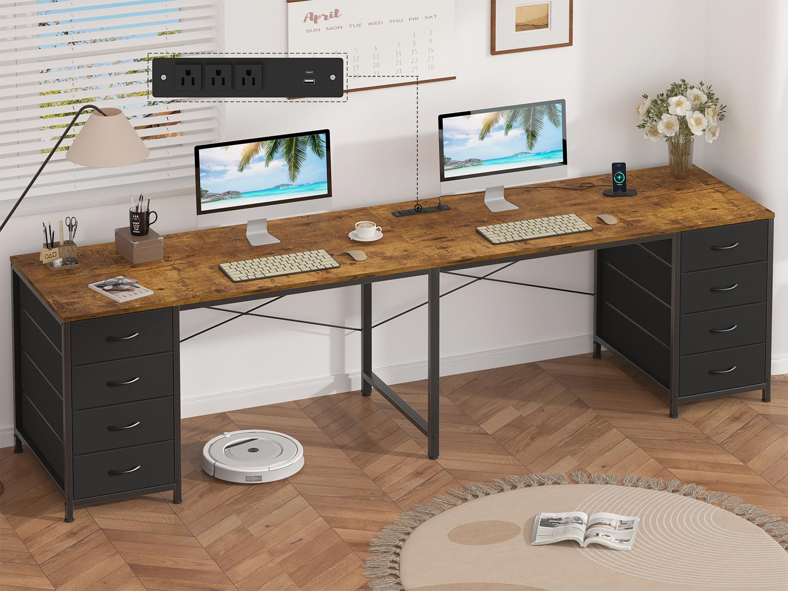 95'' Two Person Desk with 8 Drawers, Long Office Desk with Charging Station, 2 Person Desks Double Desk Writing Study Table for Home Office, Brown and White, Brown and Black
