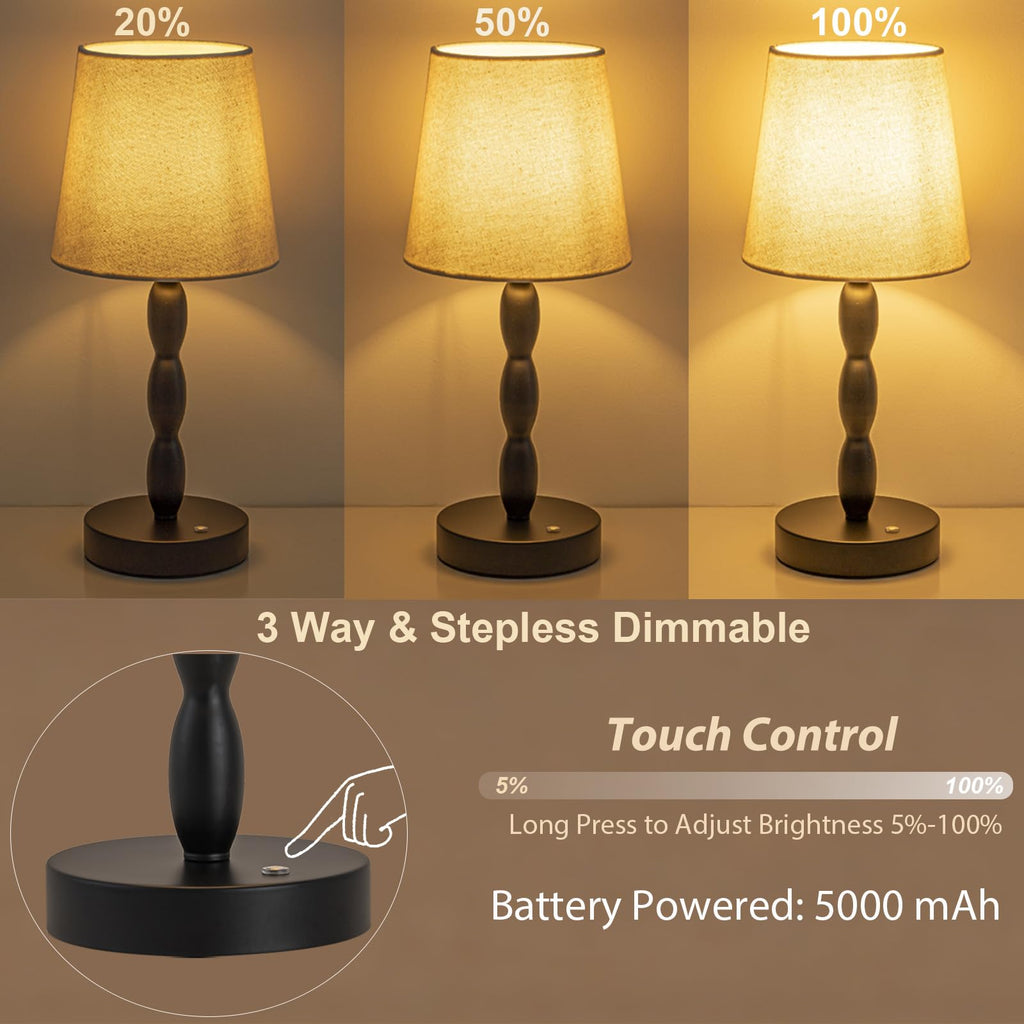 Rechargeable Cordless Table Lamp, 5000mAh Battery Powered Touch Desk Lamp, 3-Level & Stepless Dimmable Night Light, Portable Bedside Lamp for Bedroom, Outdoor, Bulb Included, Black